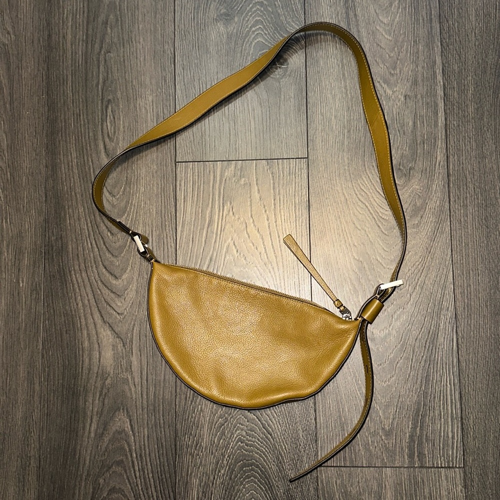 Allsaints Half Moon Leather Crossbody in Bronze Green with Silver Hardware